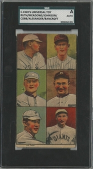 C. 1920s Universal Toy 6-Player Uncut Panel Featuring Babe Ruth (with Johnson, Cobb, Alexander, Bancroft and Meadows) – SGC Authentic